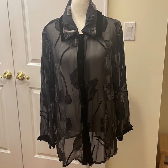 Tops - Black silk chiffon and velvet button down. Size L. VGUC